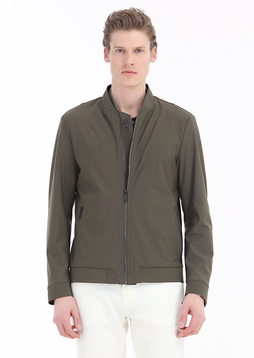 Khaki Regular Fit Mandarin Collar Casual Weaving Coat - 2