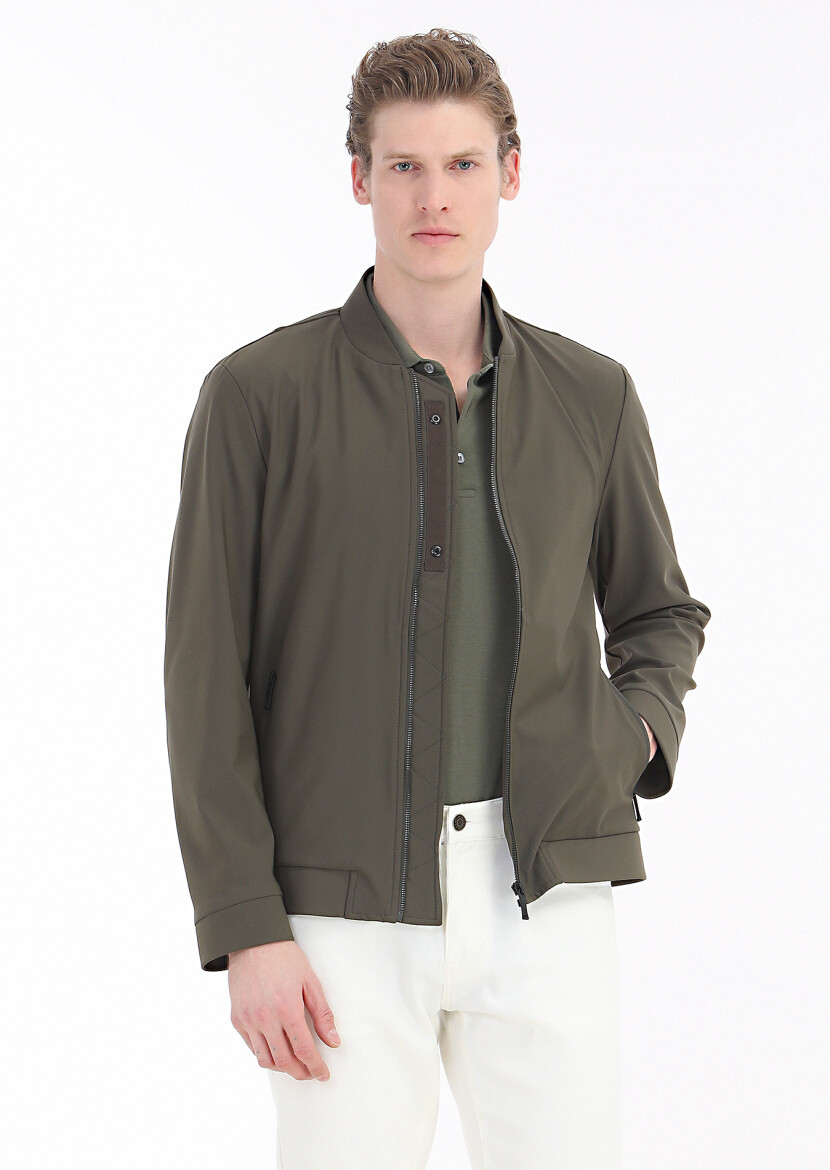 Khaki Regular Fit Mandarin Collar Casual Weaving Coat - 3