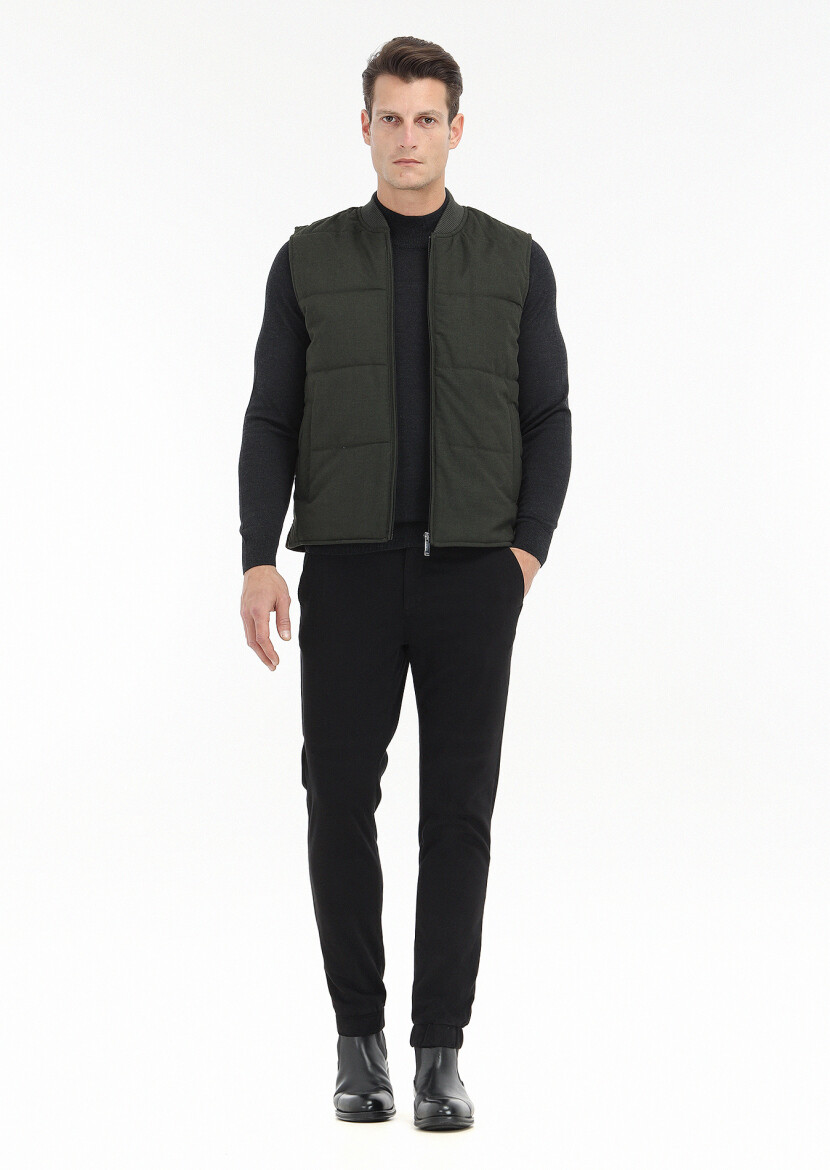 Khaki Regular Fit Mandarin Collar Casual Weaving Puffer Vest - 1