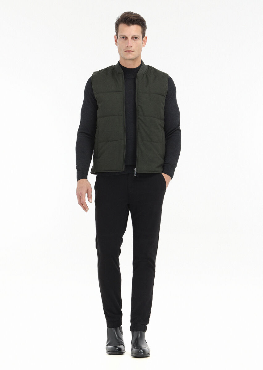 Khaki Regular Fit Mandarin Collar Casual Weaving Puffer Vest - 1