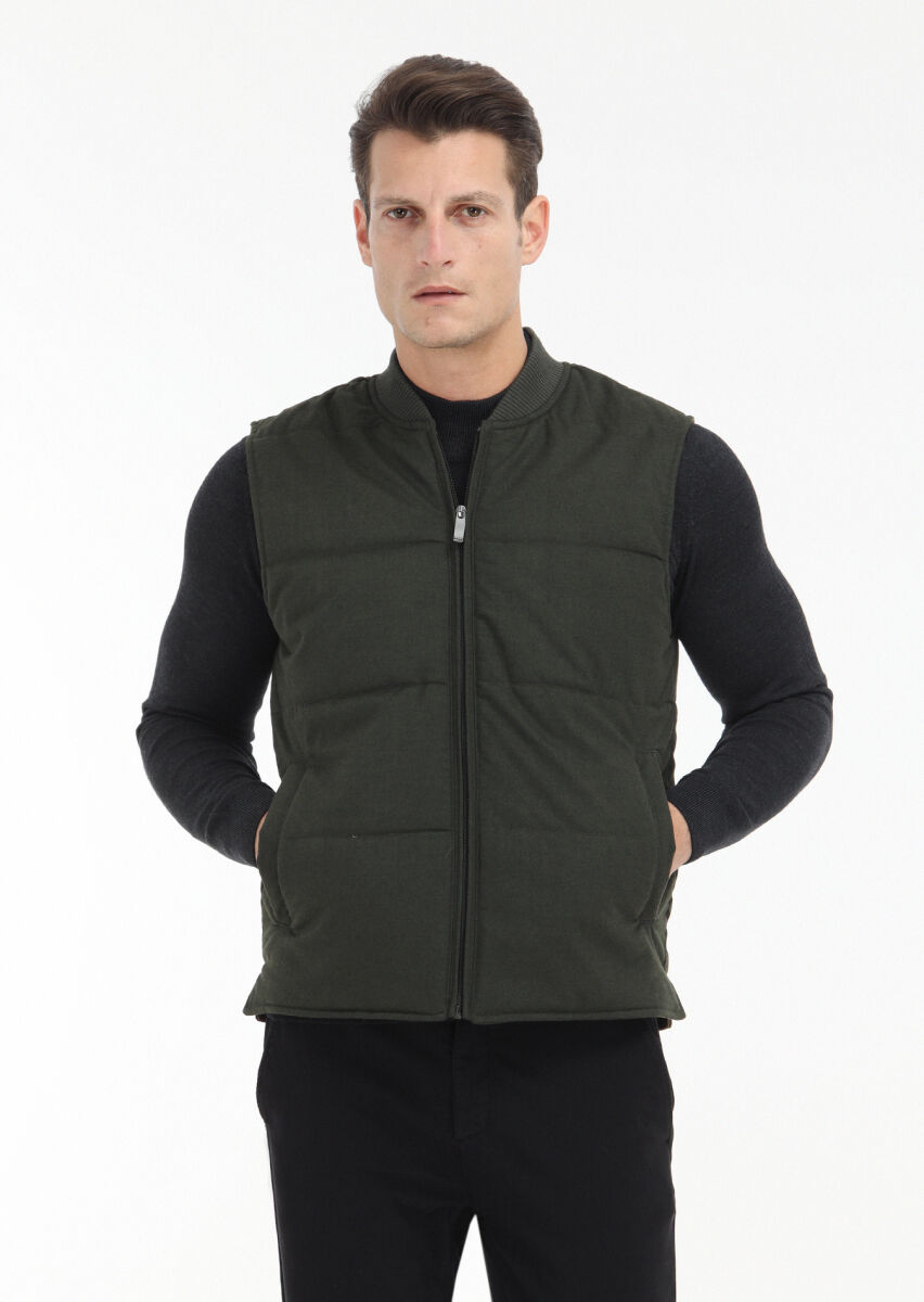 Khaki Regular Fit Mandarin Collar Casual Weaving Puffer Vest - 2