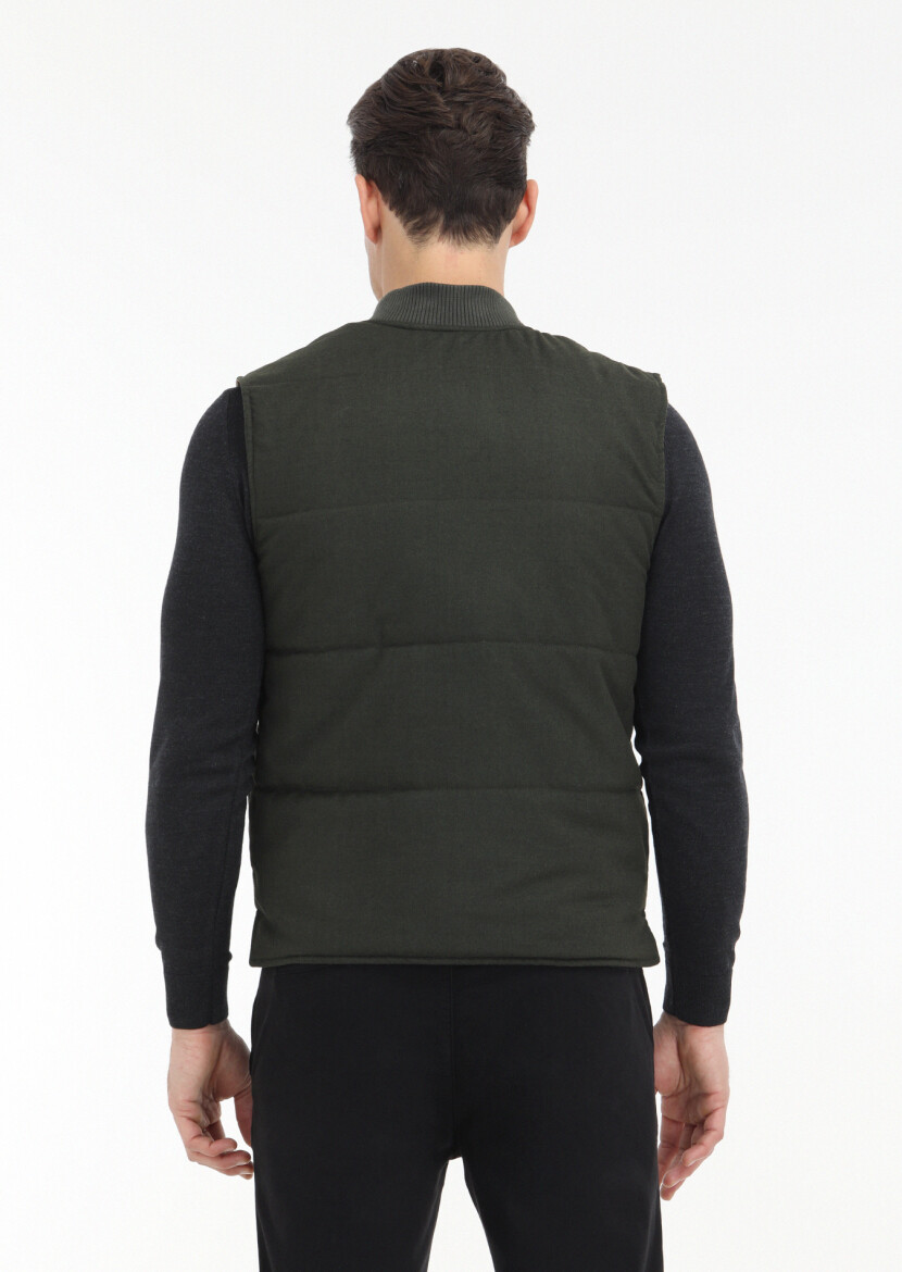 Khaki Regular Fit Mandarin Collar Casual Weaving Puffer Vest - 5