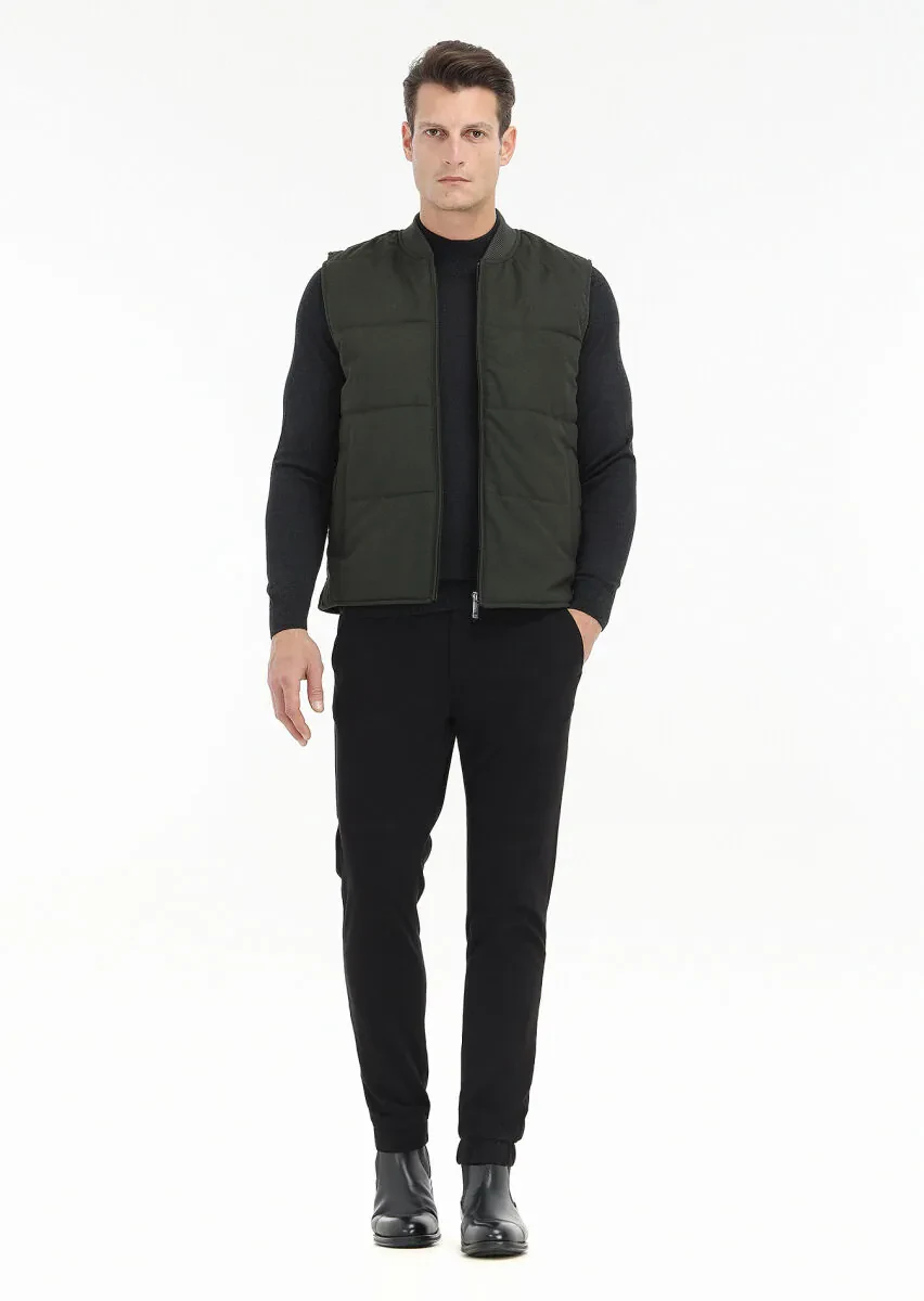 Khaki Regular Fit Mandarin Collar Casual Weaving Puffer Vest - 1