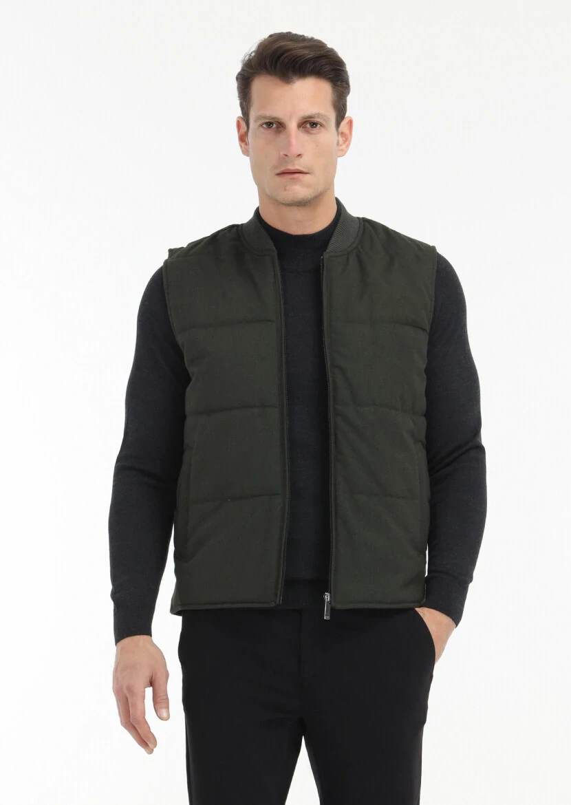 Khaki Regular Fit Mandarin Collar Casual Weaving Puffer Vest - 4