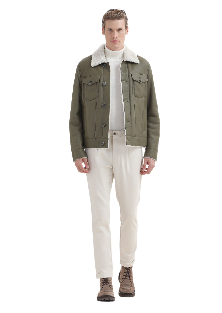 Khaki Regular Fit Shirt Collar Casual Fur Leather Coat - 2