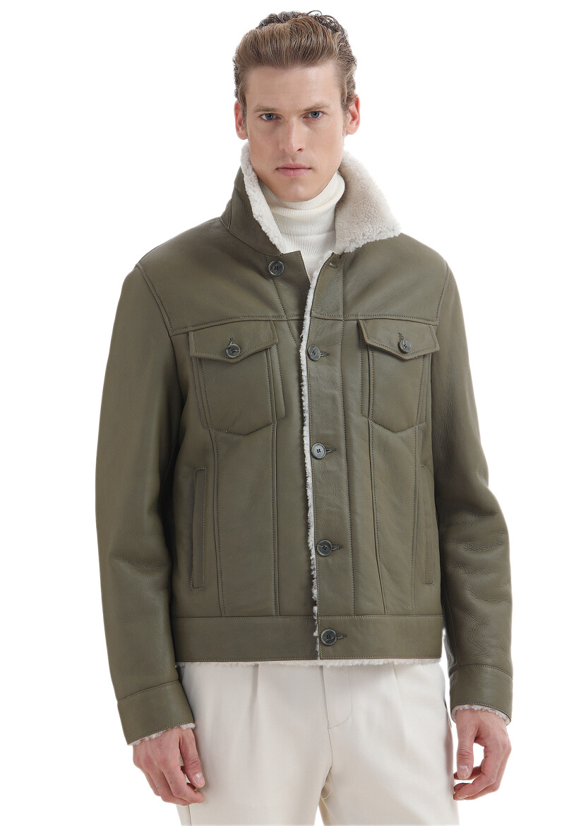 Khaki Regular Fit Shirt Collar Casual Fur Leather Coat - 4