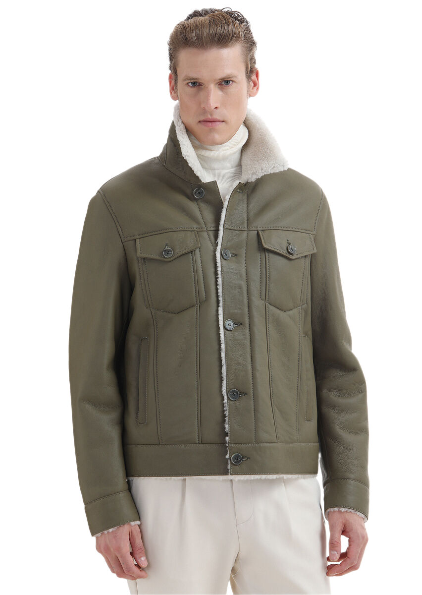 Khaki Regular Fit Shirt Collar Casual Fur Leather Coat - 4