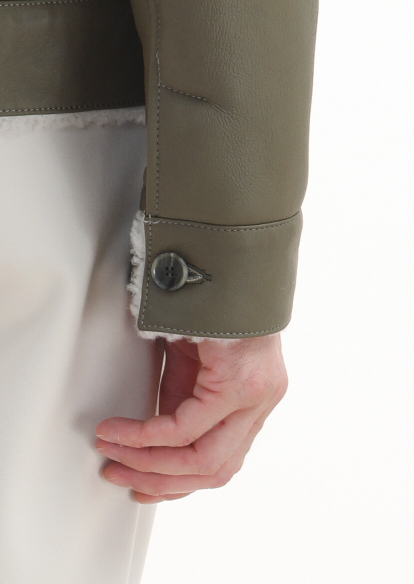 Khaki Regular Fit Shirt Collar Casual Fur Leather Coat - 5