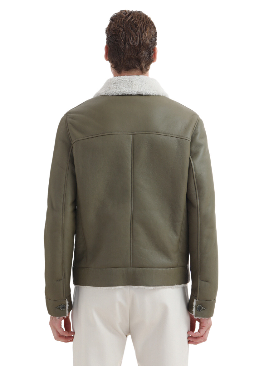 Khaki Regular Fit Shirt Collar Casual Fur Leather Coat - 6