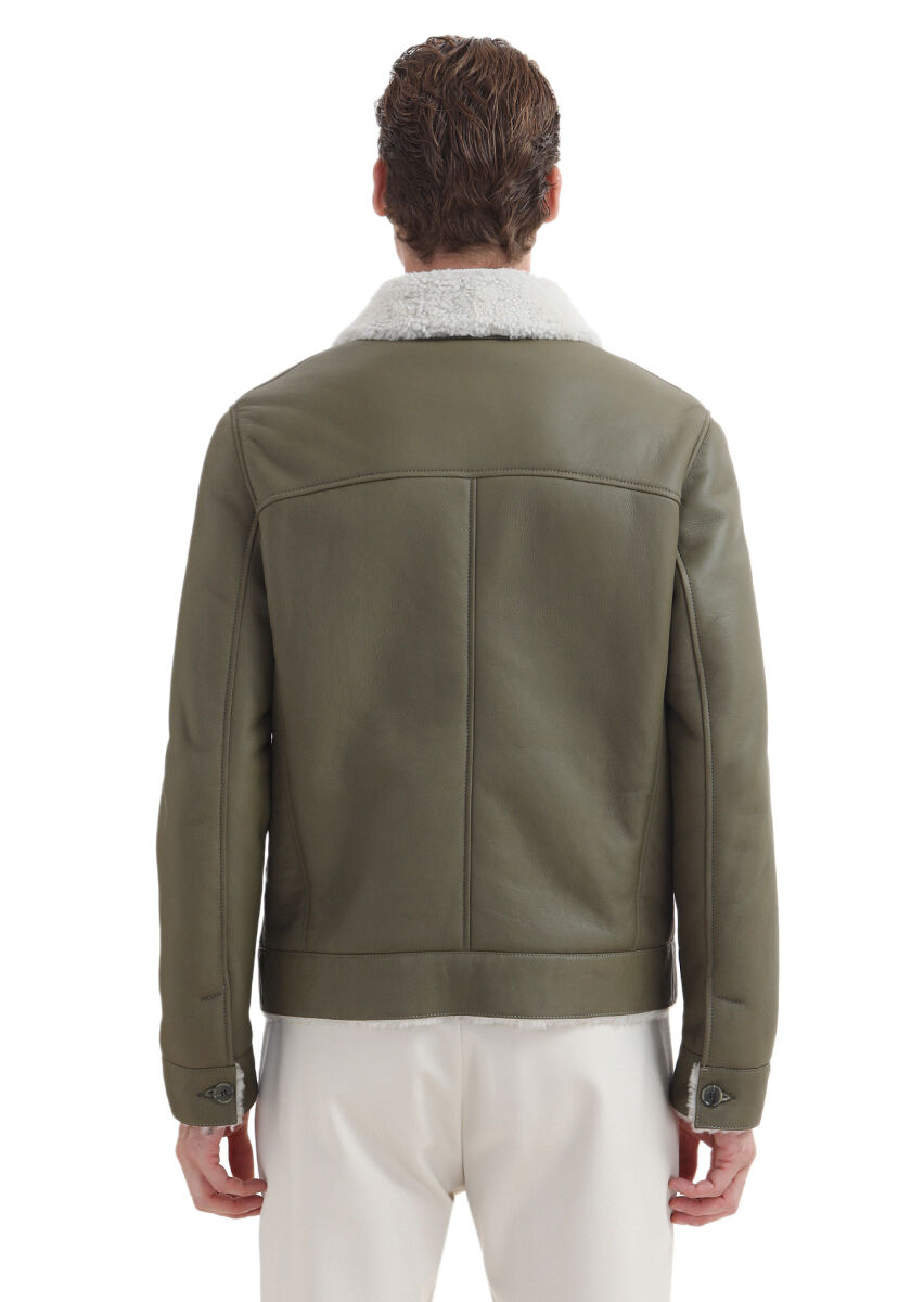 Khaki Regular Fit Shirt Collar Casual Fur Leather Coat - 6