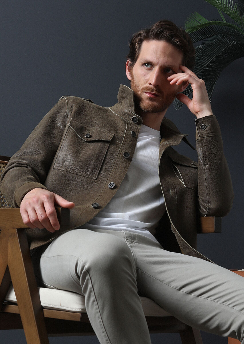 Khaki Regular Fit Shirt Collar Casual Leather Leather Coat - 1