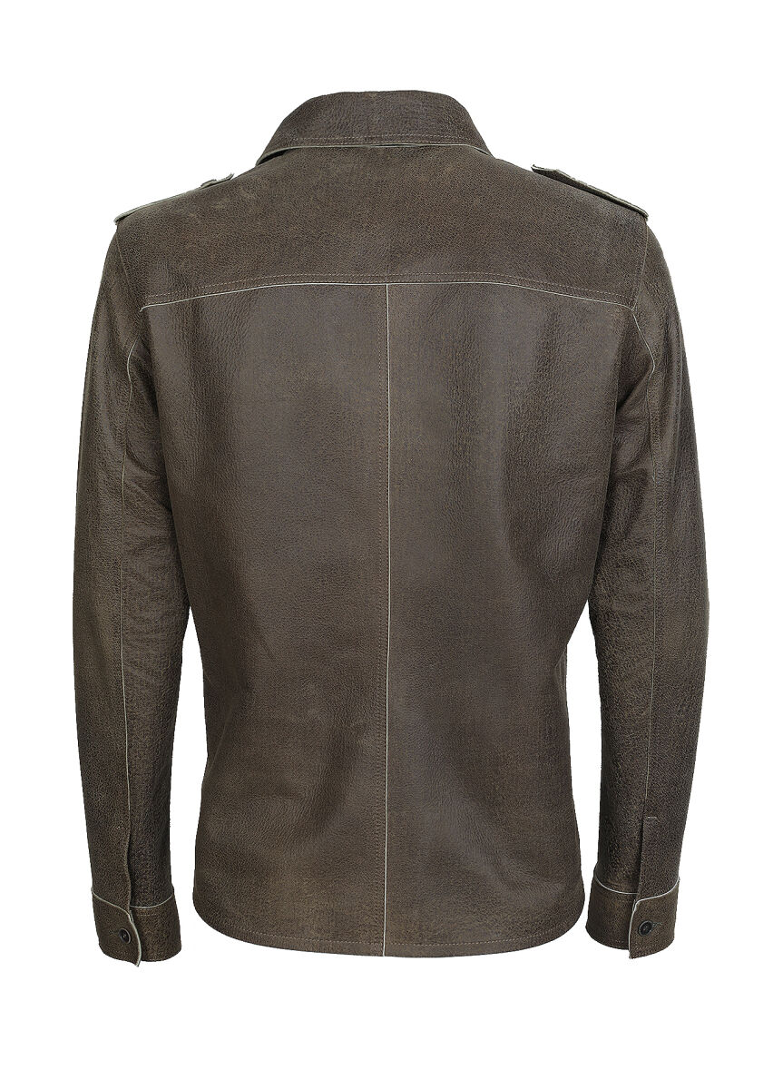 Khaki Regular Fit Shirt Collar Casual Leather Leather Coat - 7