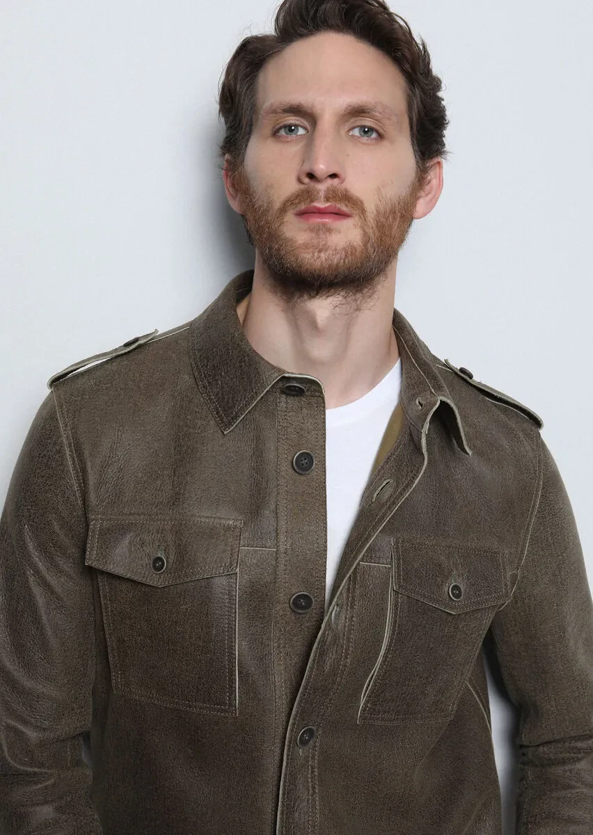 Khaki Regular Fit Shirt Collar Casual Leather Leather Coat - 4