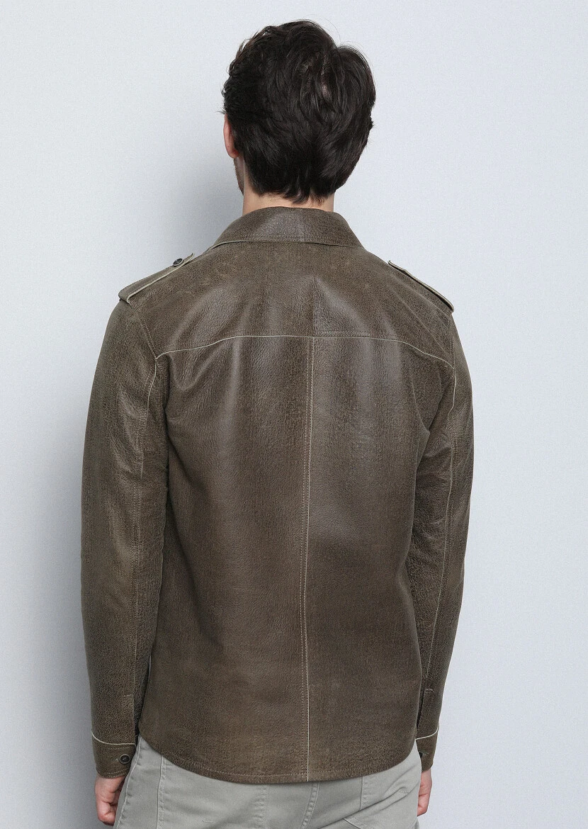 Khaki Regular Fit Shirt Collar Casual Leather Leather Coat - 5