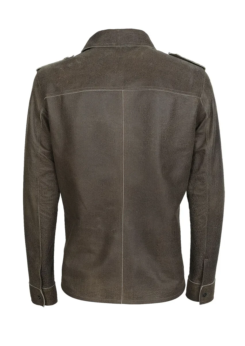 Khaki Regular Fit Shirt Collar Casual Leather Leather Coat - 7