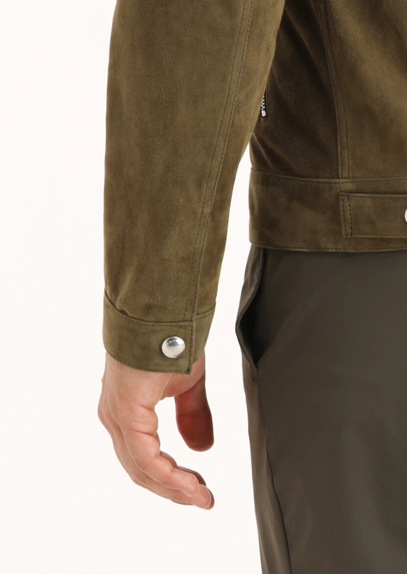 Khaki Regular Fit Shirt Collar Casual Suede Leather Coat - 4