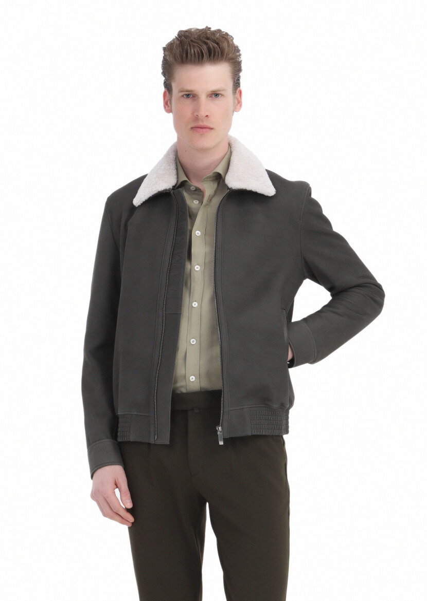 Khaki Regular Fit Shirt Collar Casual Suede Leather Coat - 1