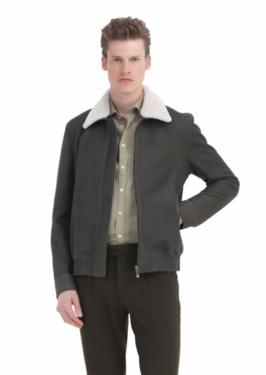 Khaki Regular Fit Shirt Collar Casual Suede Leather Coat - 1