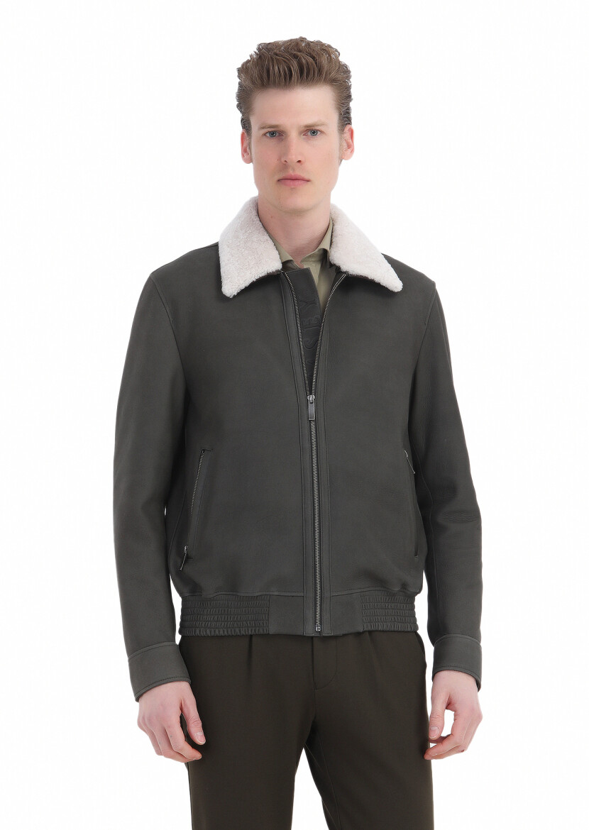 Khaki Regular Fit Shirt Collar Casual Suede Leather Coat - 3