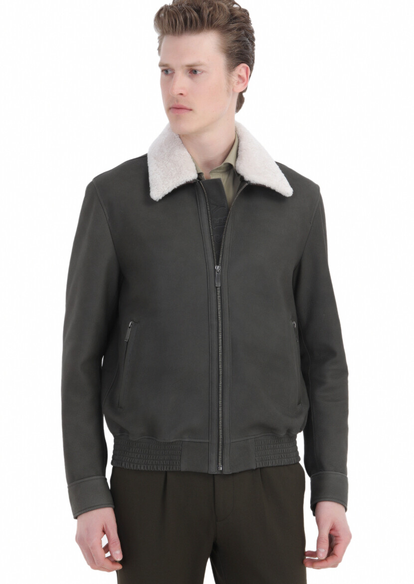 Khaki Regular Fit Shirt Collar Casual Suede Leather Coat - 4