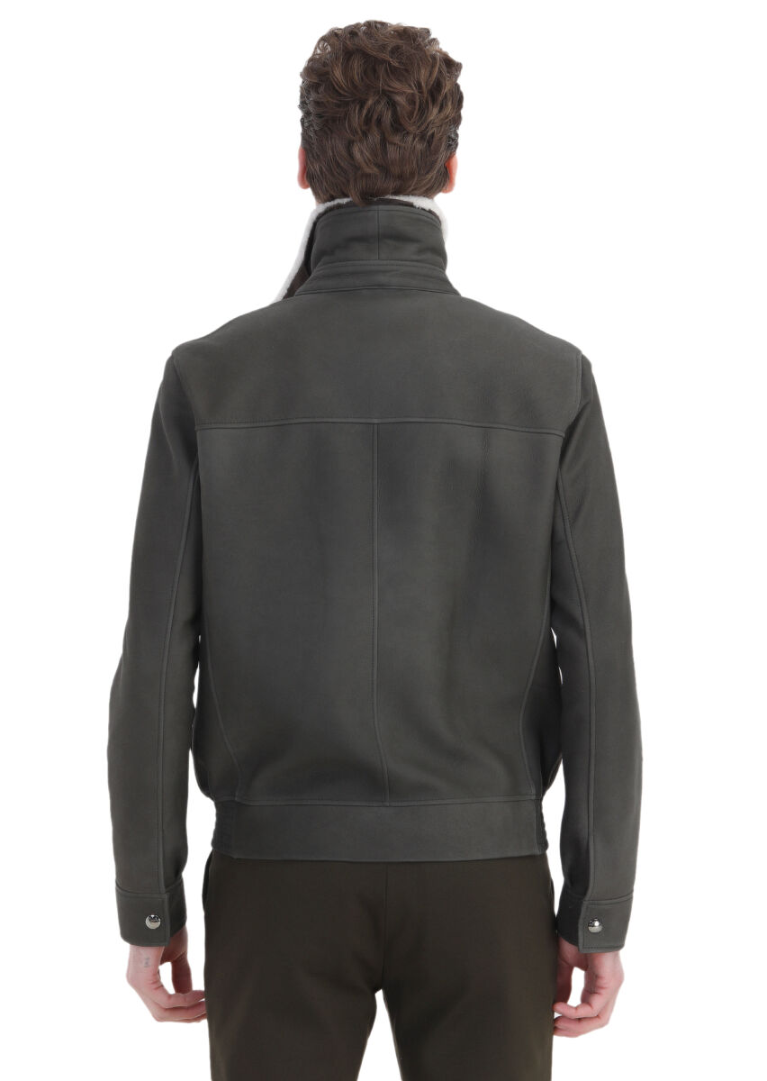 Khaki Regular Fit Shirt Collar Casual Suede Leather Coat - 7