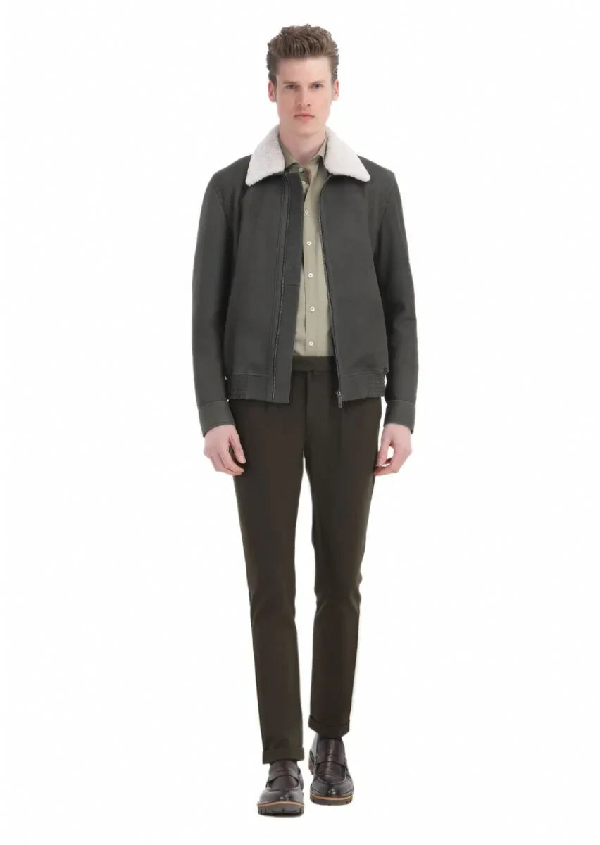 Khaki Regular Fit Shirt Collar Casual Suede Leather Coat - 2