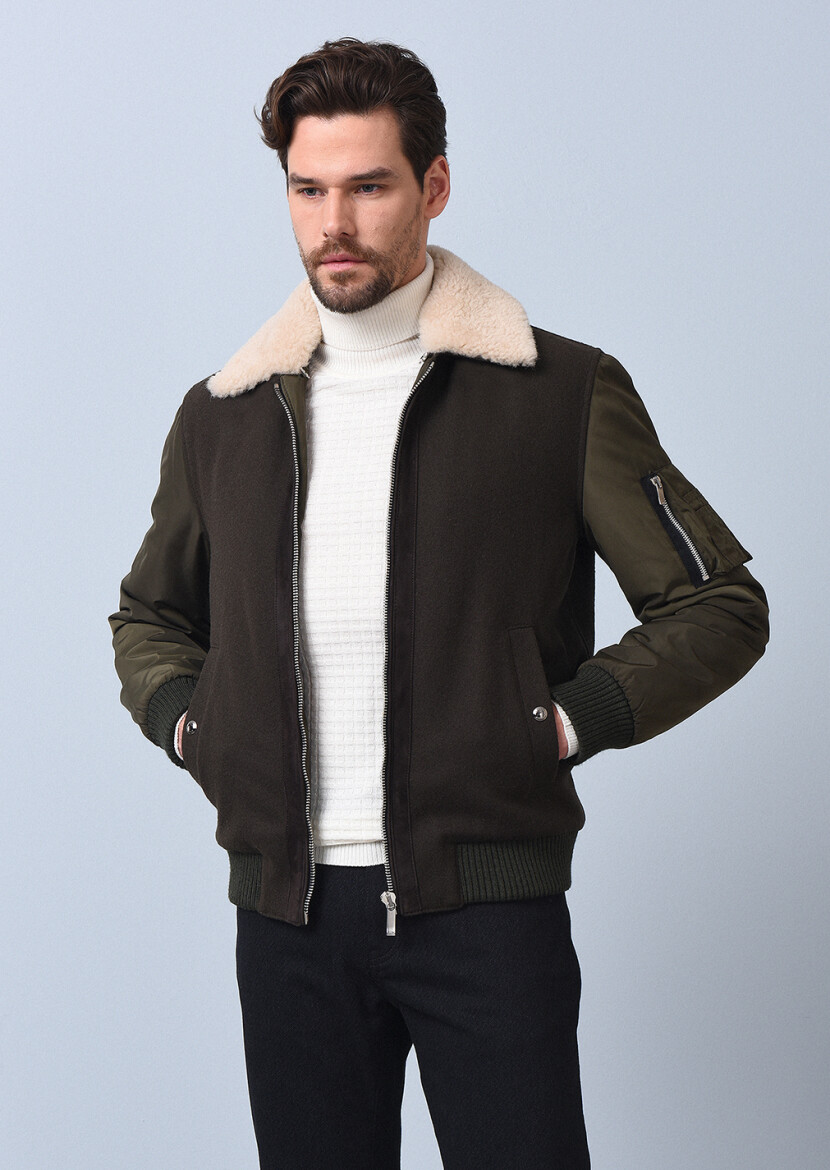 Khaki Regular Fit Shirt Collar Casual Weaving Coat - 1