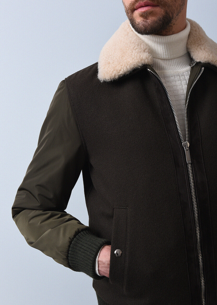 Khaki Regular Fit Shirt Collar Casual Weaving Coat - 3