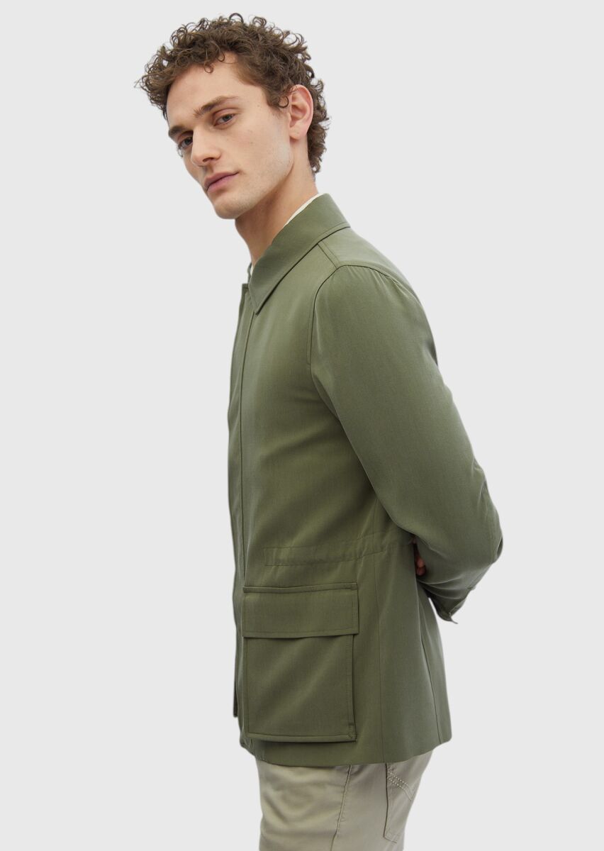 Khaki Regular Fit Shirt Collar Casual Weaving Coat - 5