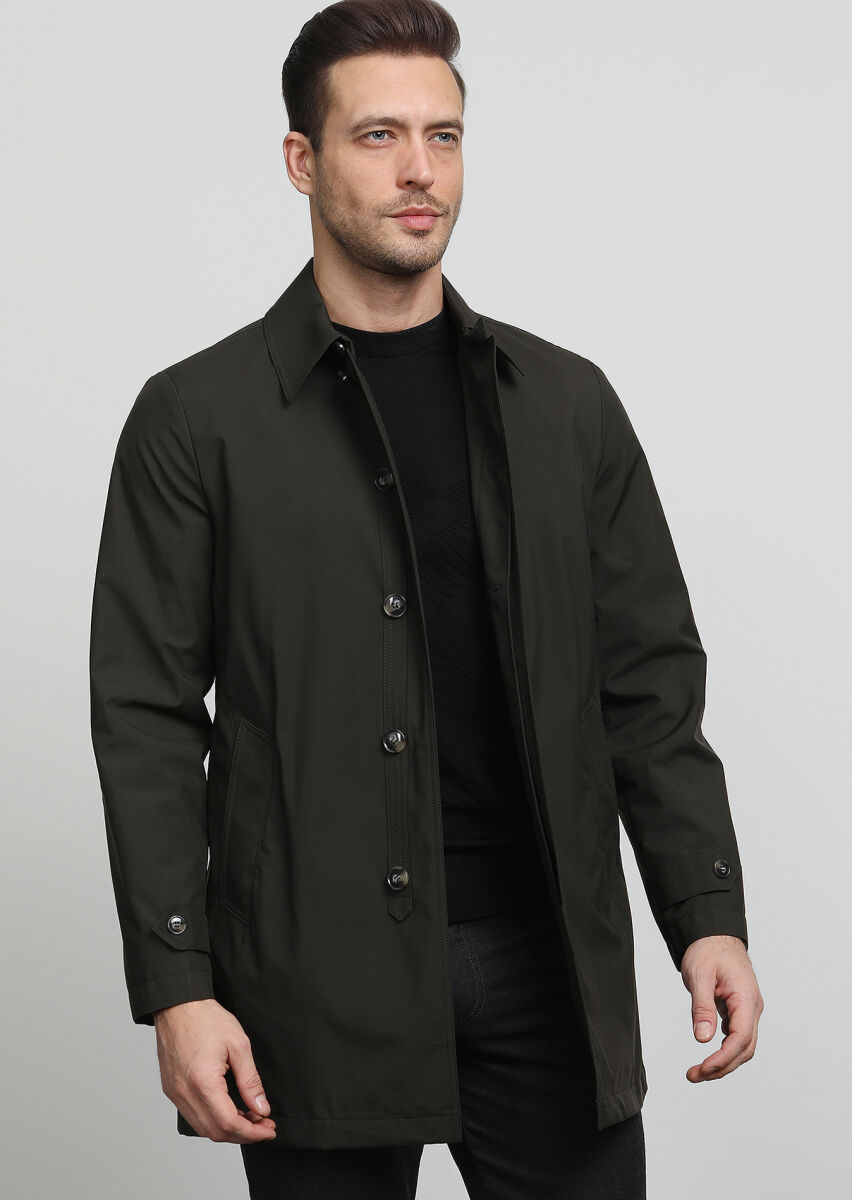 Khaki Regular Fit Shirt Collar Casual Weaving Rain Coat - 3