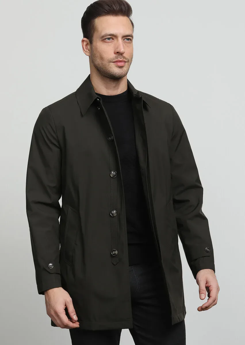 Khaki Regular Fit Shirt Collar Casual Weaving Rain Coat - 3