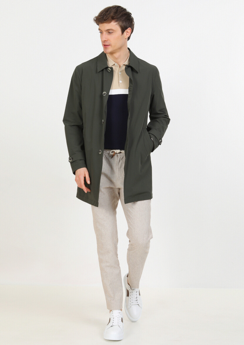 Khaki Regular Fit Shirt Collar Casual Weaving Rain Coat - 1