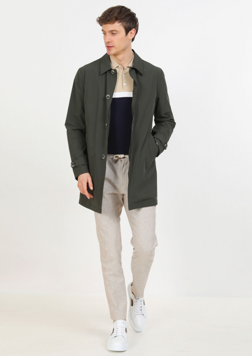 Khaki Regular Fit Shirt Collar Casual Weaving Rain Coat - 1