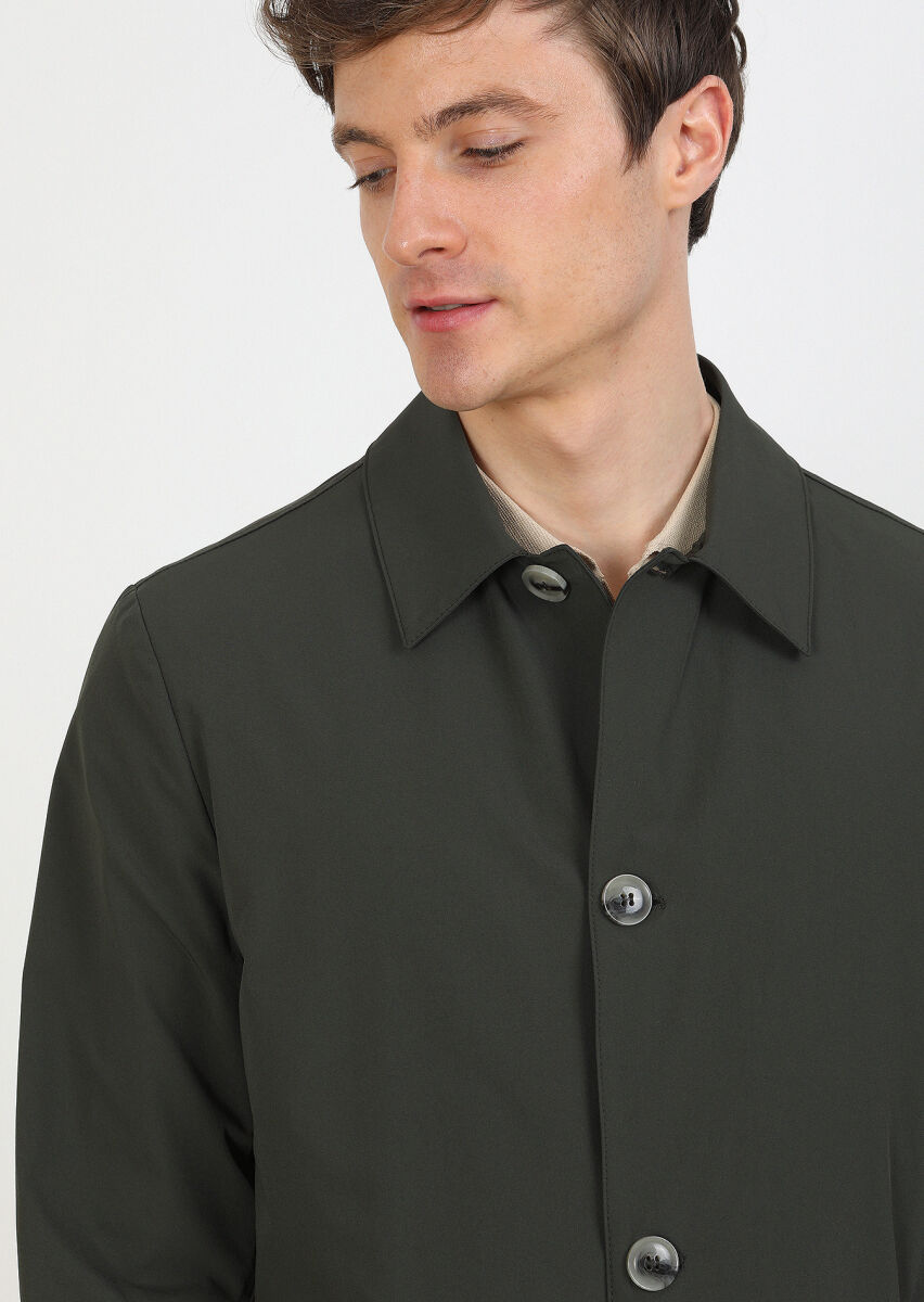 Khaki Regular Fit Shirt Collar Casual Weaving Rain Coat - 2