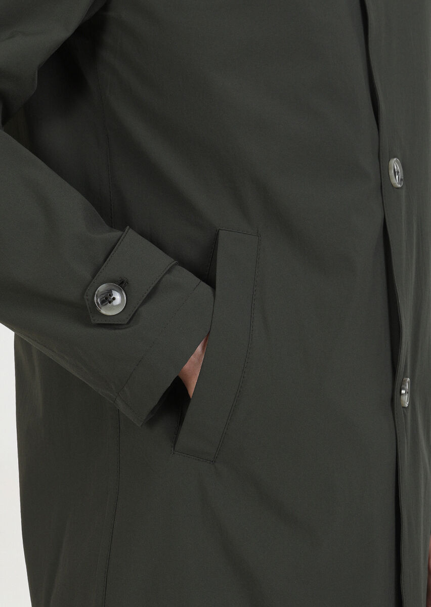 Khaki Regular Fit Shirt Collar Casual Weaving Rain Coat - 3
