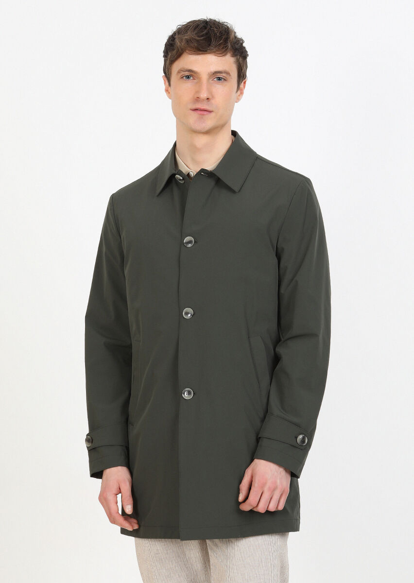 Khaki Regular Fit Shirt Collar Casual Weaving Rain Coat - 4