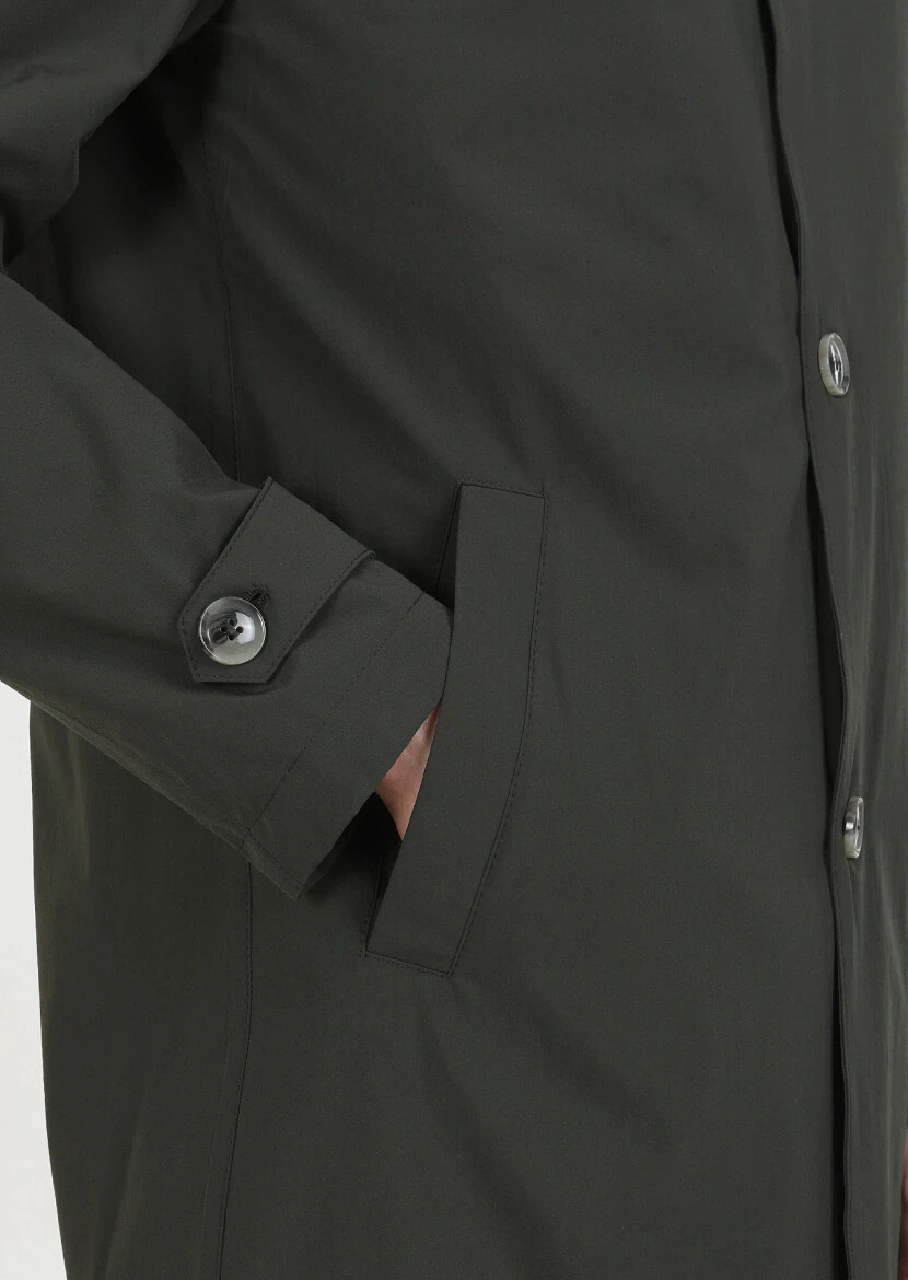 Khaki Regular Fit Shirt Collar Casual Weaving Rain Coat - 3