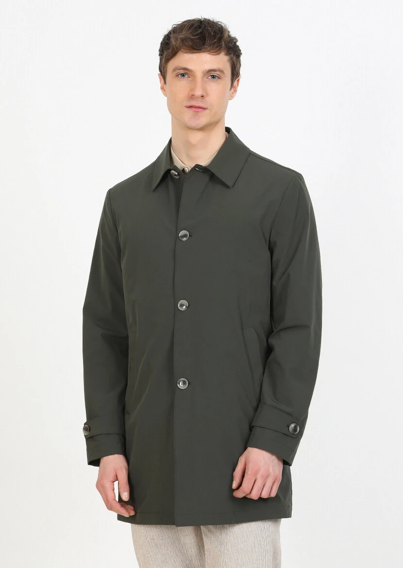 Khaki Regular Fit Shirt Collar Casual Weaving Rain Coat - 4