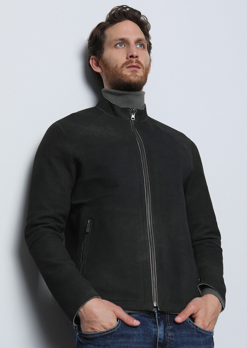 Khaki Regular Fit Turtleneck Casual Leather Leather Coat - 2