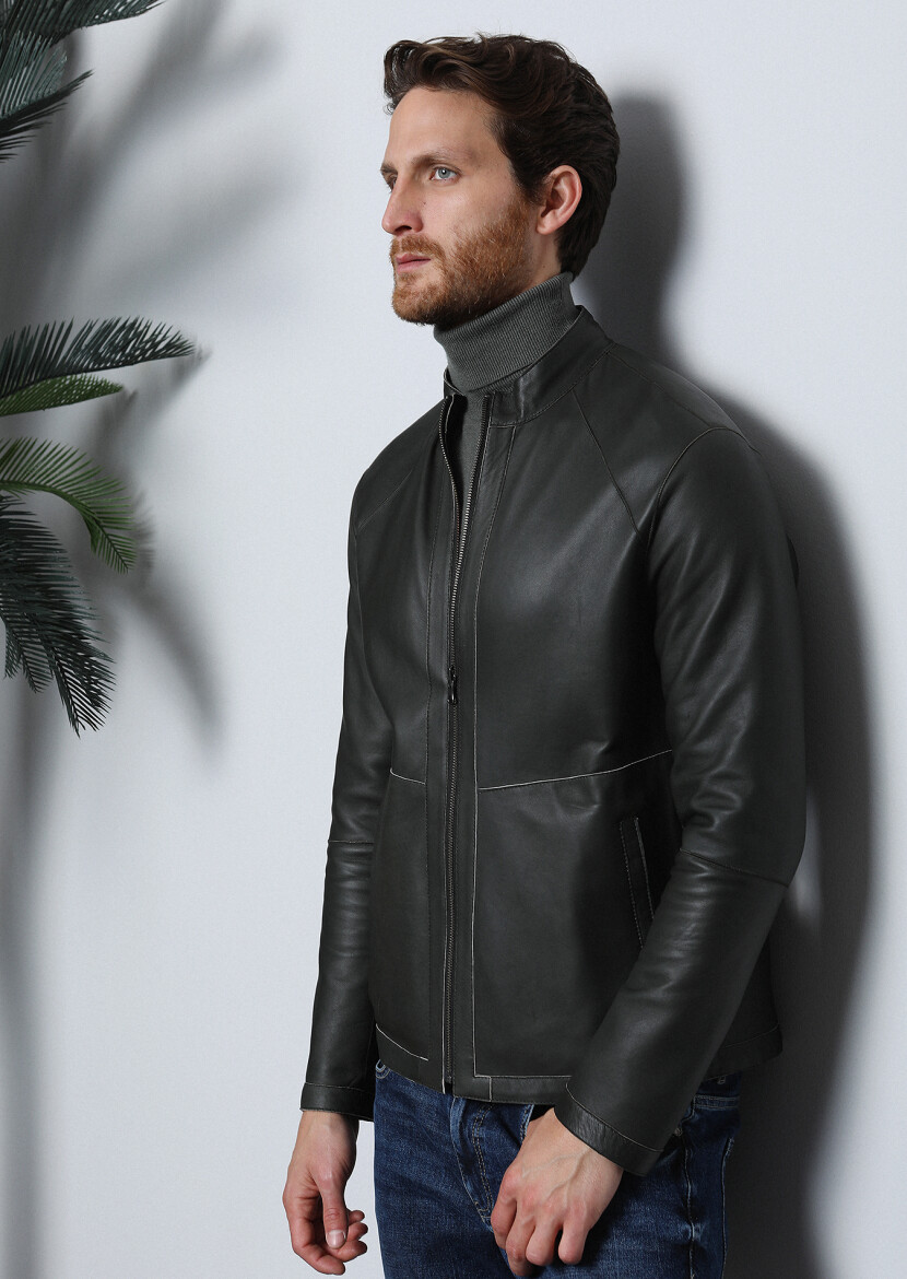 Khaki Regular Fit Turtleneck Casual Leather Leather Coat - 3