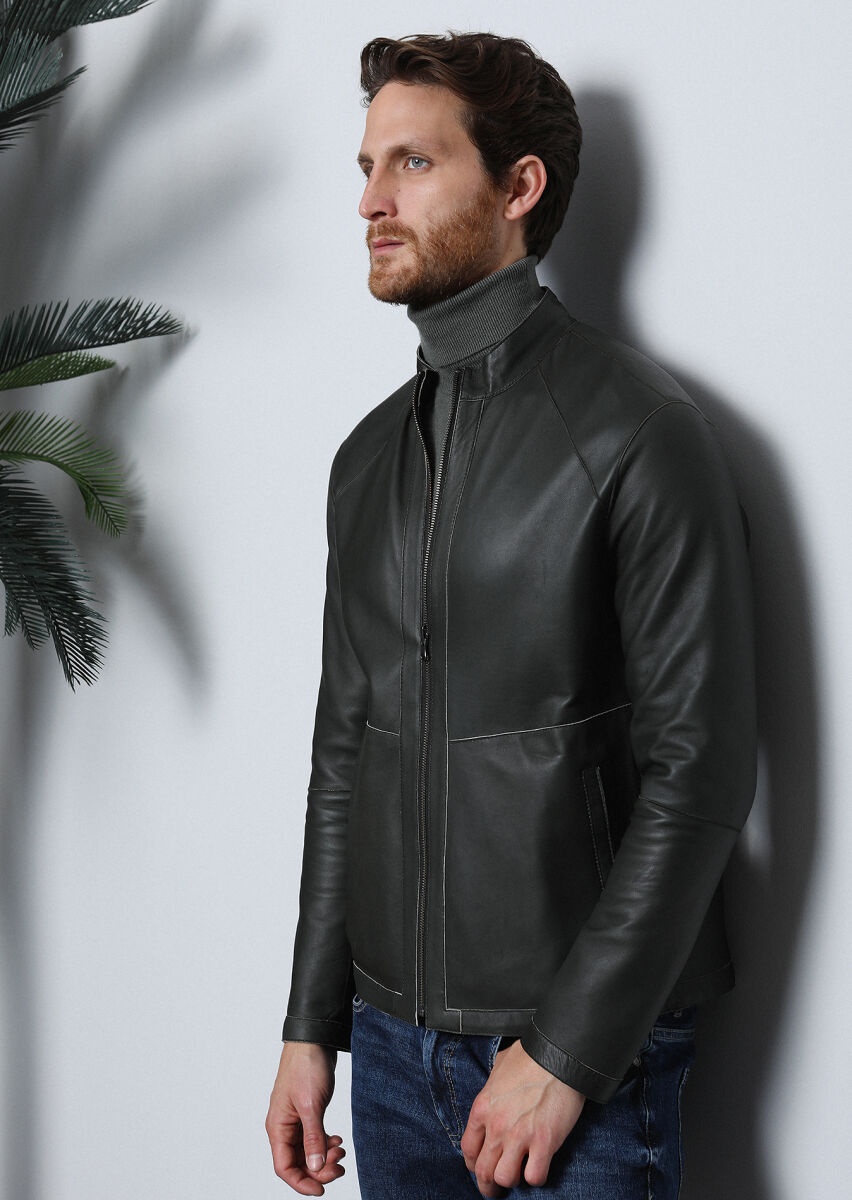 Khaki Regular Fit Turtleneck Casual Leather Leather Coat - 3