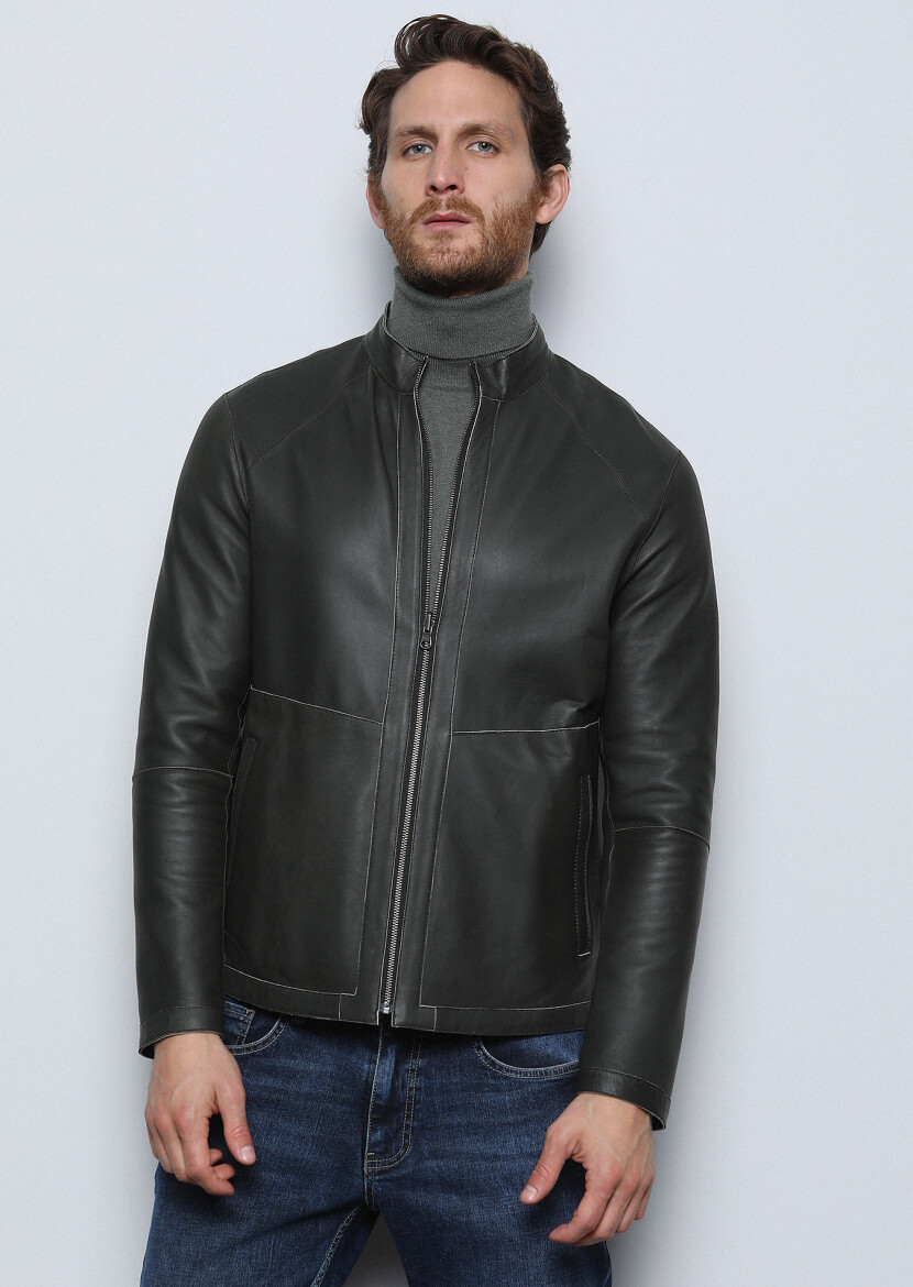 Khaki Regular Fit Turtleneck Casual Leather Leather Coat - 4