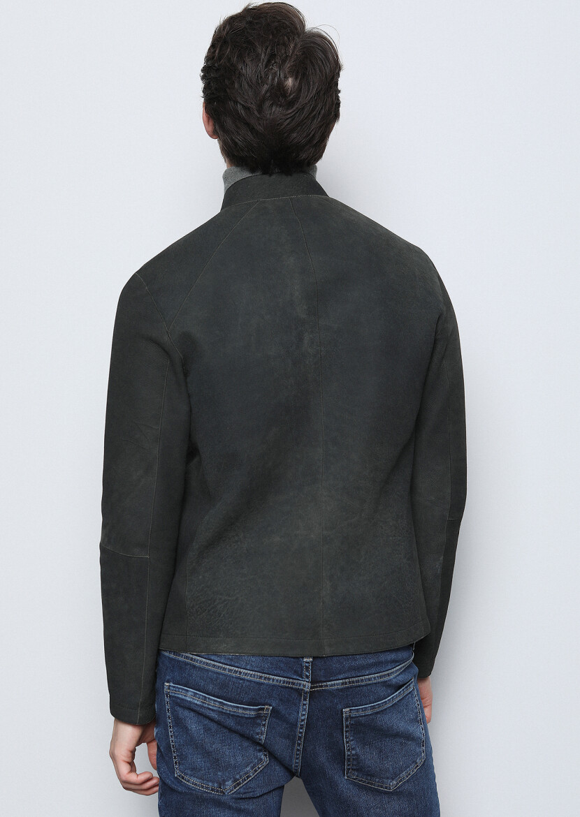 Khaki Regular Fit Turtleneck Casual Leather Leather Coat - 5