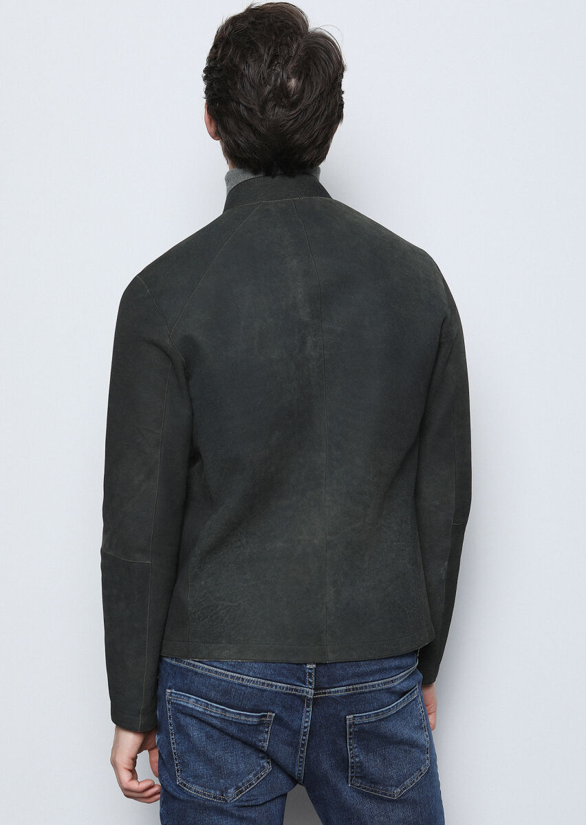 Khaki Regular Fit Turtleneck Casual Leather Leather Coat - 5