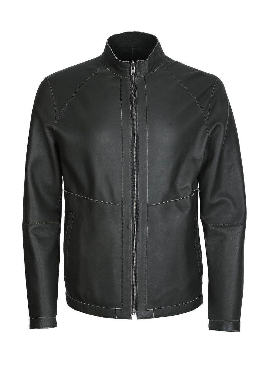 Khaki Regular Fit Turtleneck Casual Leather Leather Coat - 7