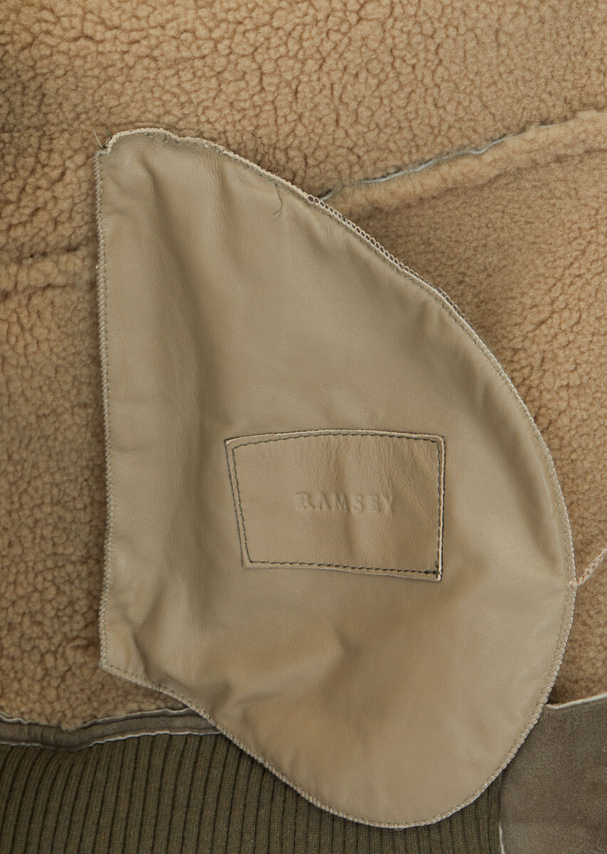 Khaki Regular Fit Turtleneck Casual Shearling Leather Coat - 5