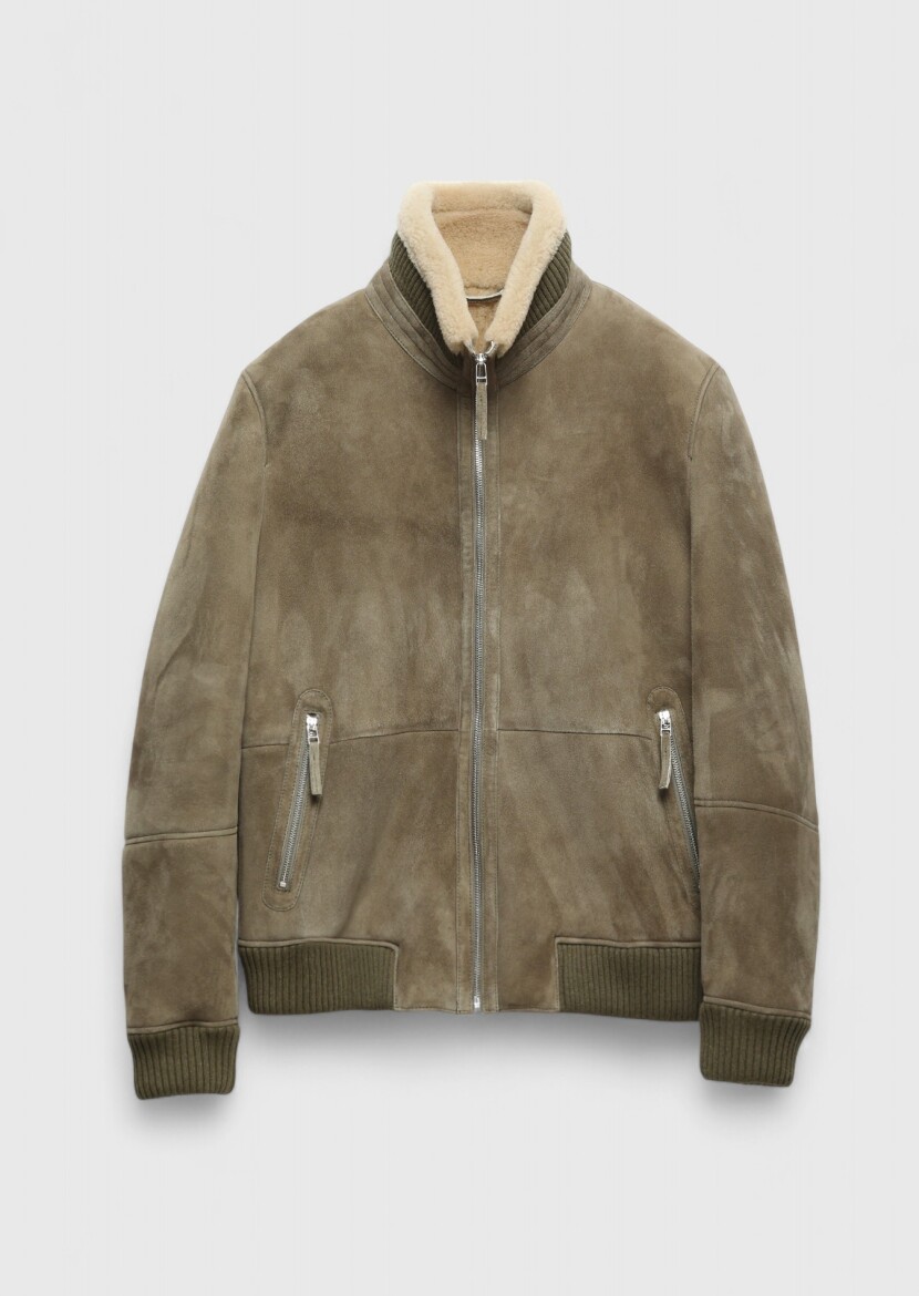 Khaki Regular Fit Turtleneck Casual Shearling Leather Coat - 7