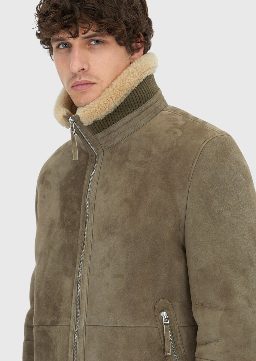 Khaki Regular Fit Turtleneck Casual Shearling Leather Coat - 3