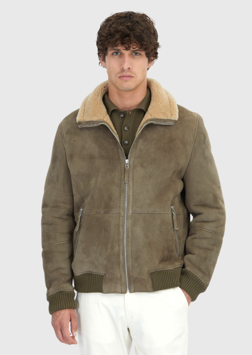 Khaki Regular Fit Turtleneck Casual Shearling Leather Coat - RAMSEY
