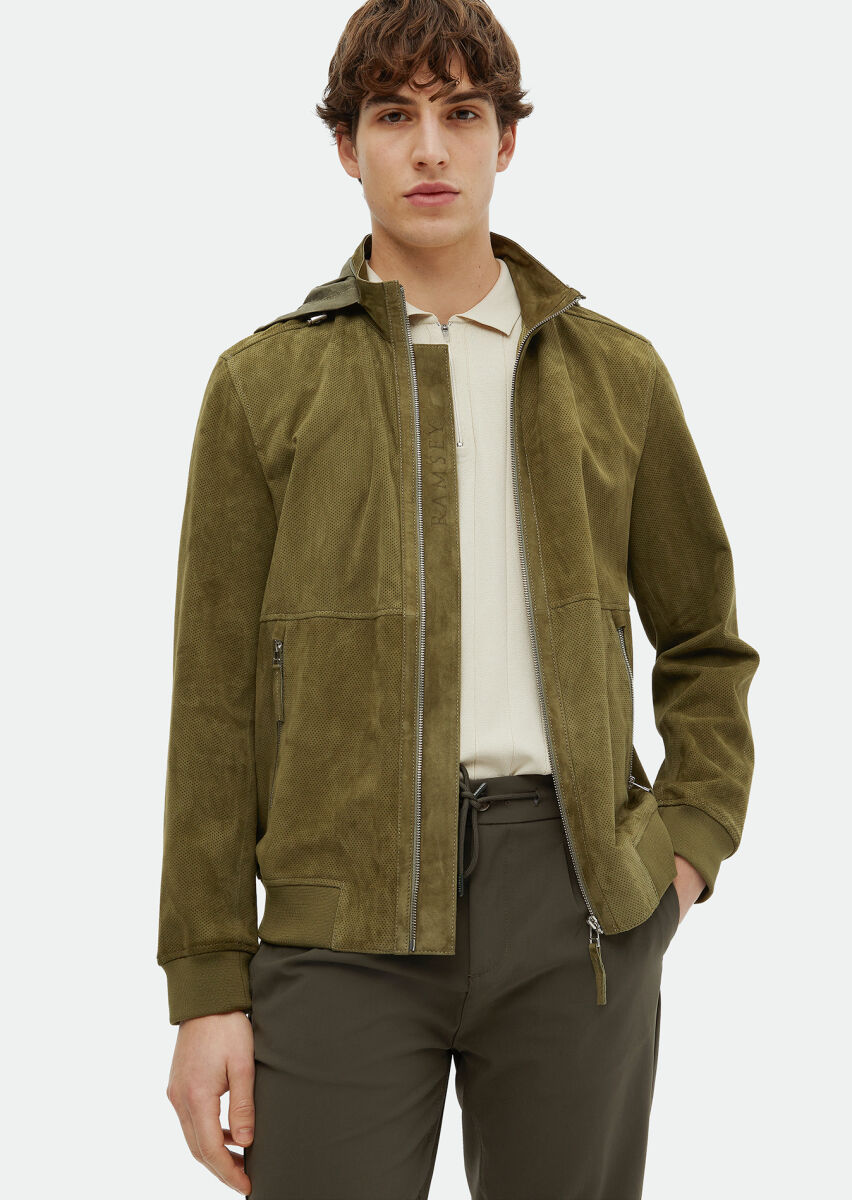 Khaki Regular Fit Turtleneck Casual Suede Leather Coat - 1